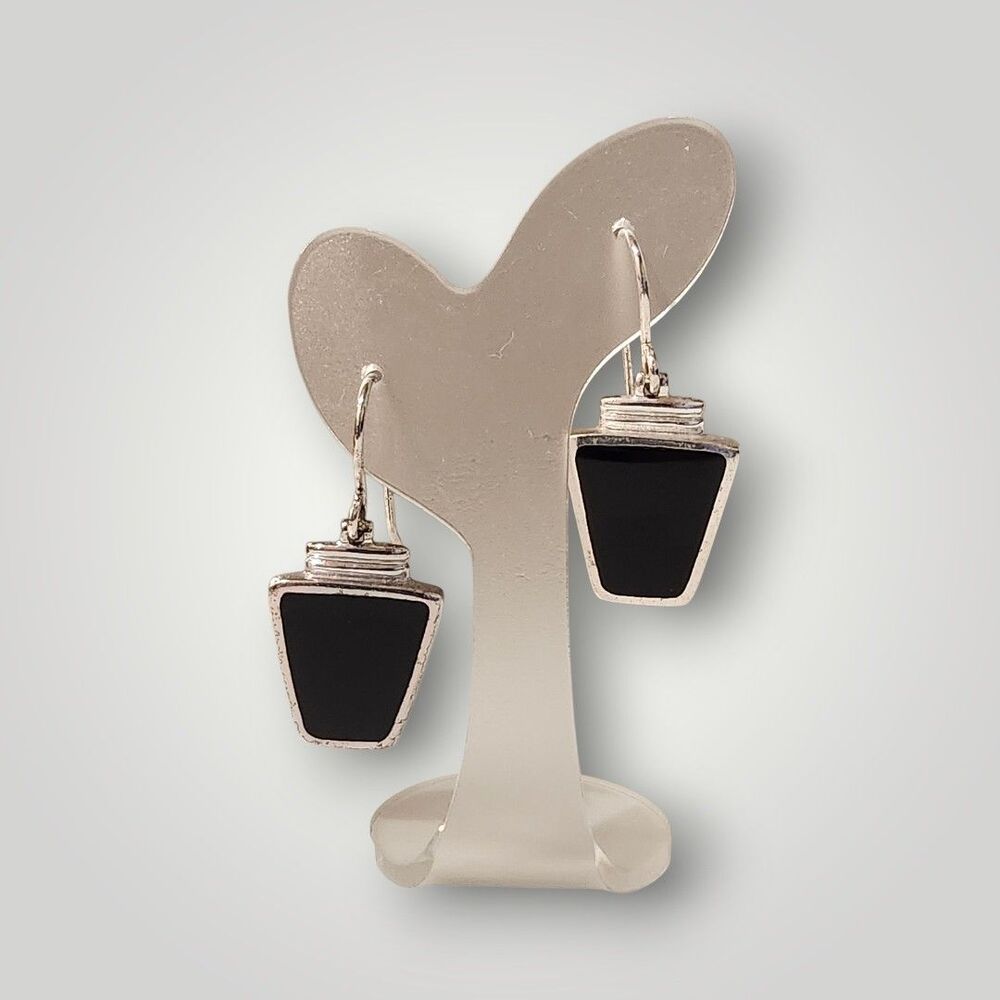 Vintage SU 925‎ Sterling Silver Onyx Inlay Dangle Pierced Hook Earrings 6g
